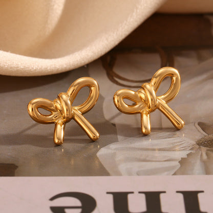 Stainless Steel 18K Gold Plating Cast Glossy Bow Stud Earrings-Jewearrings