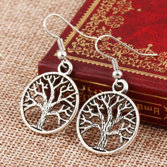 Fashion Natural Stone Tree Of Life Pendulum Pendant Earrings For Women Healing Alloy Round Circle Dangle Earring Party Jewelry-Jewearrings