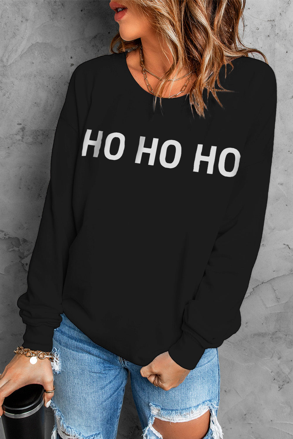 HO HO HO Graphic Round Neck Sweatshirt-Jewearrings