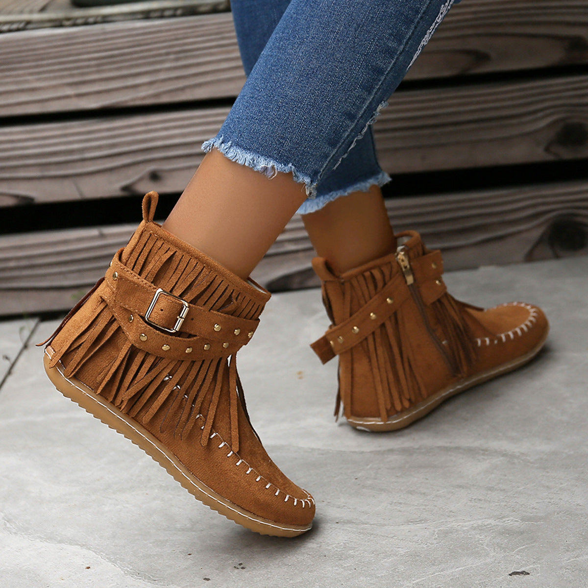 Studded Fringe Round Toe Boots-Jewearrings