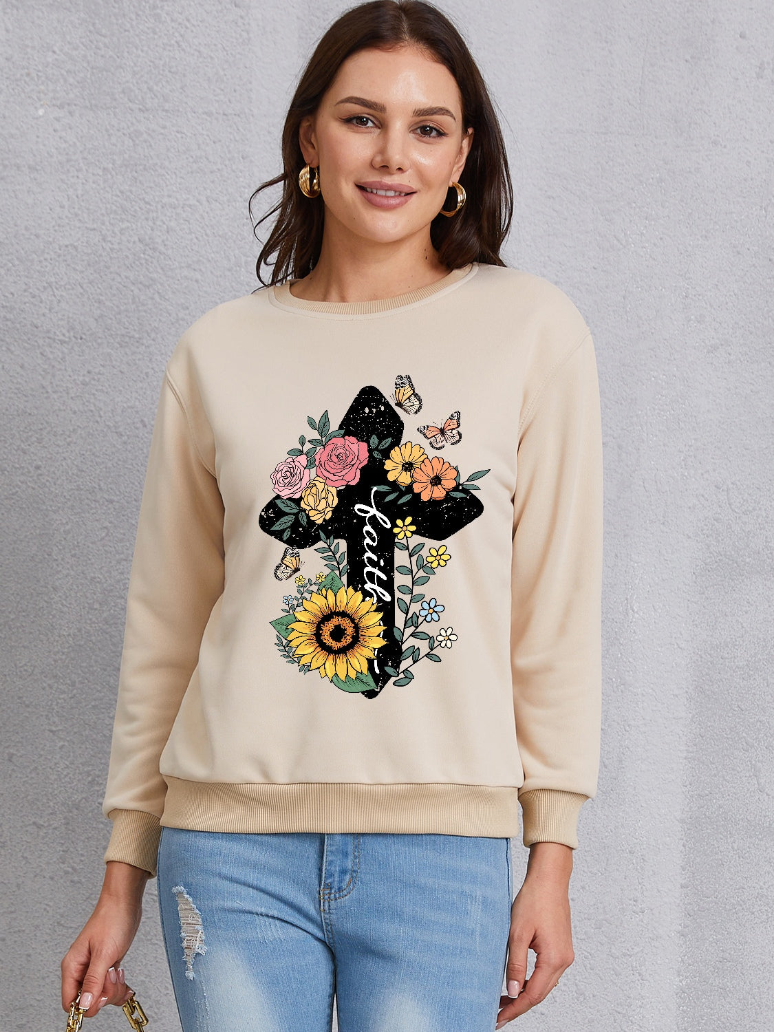 Graphic Round Neck Dropped Shoulder Sweatshirt-Jewearrings