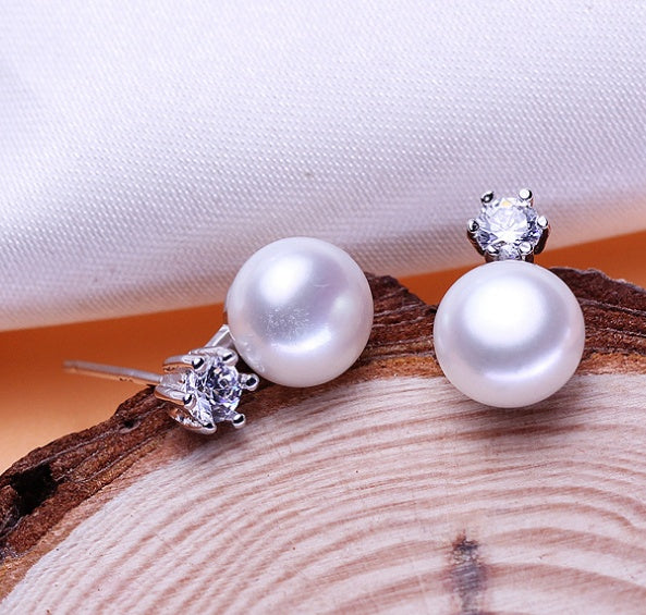 Six claws freshwater pearl silver earrings 8-9mm inlaid zircon earrings earrings jewelry-Jewearrings