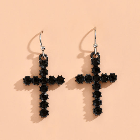 Women's Fashion Black Cross Jeweled Earrings-Jewearrings