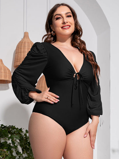 Plus Size Tied Deep V Balloon Sleeve One-Piece Swimsuit-Jewearrings