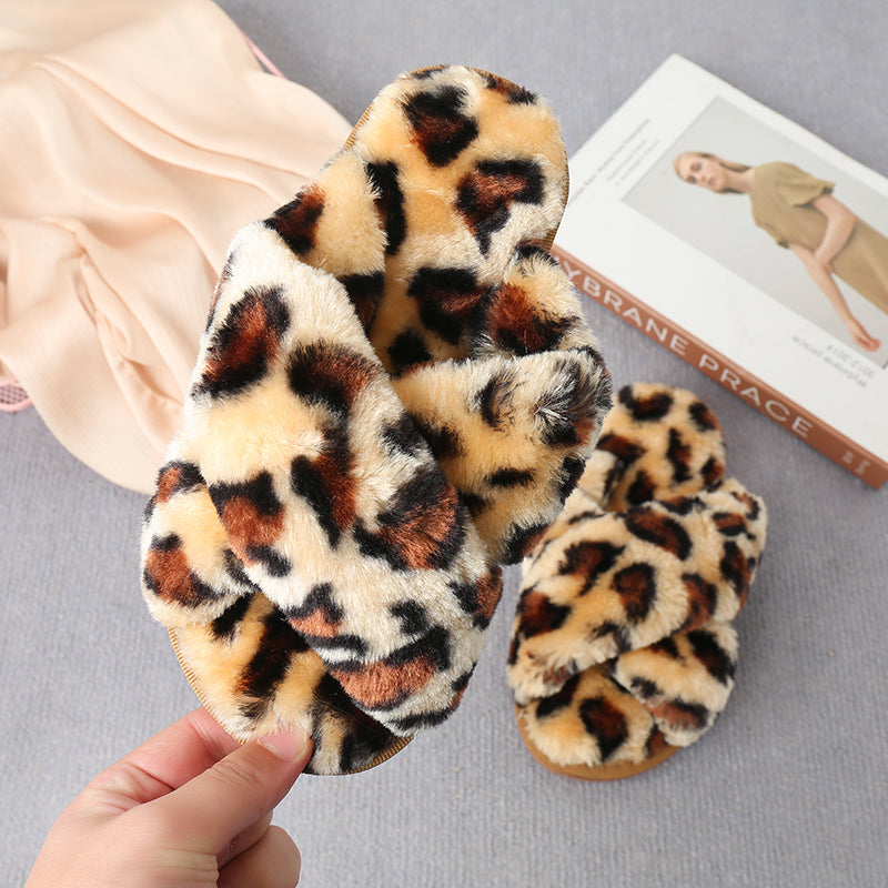 Faux Fur Crisscross Strap Slippers-Jewearrings