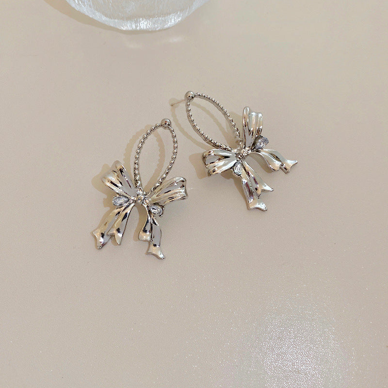 Silver Needle Drop Zircon Bow Earrings Cold Wind Temperament-Jewearrings