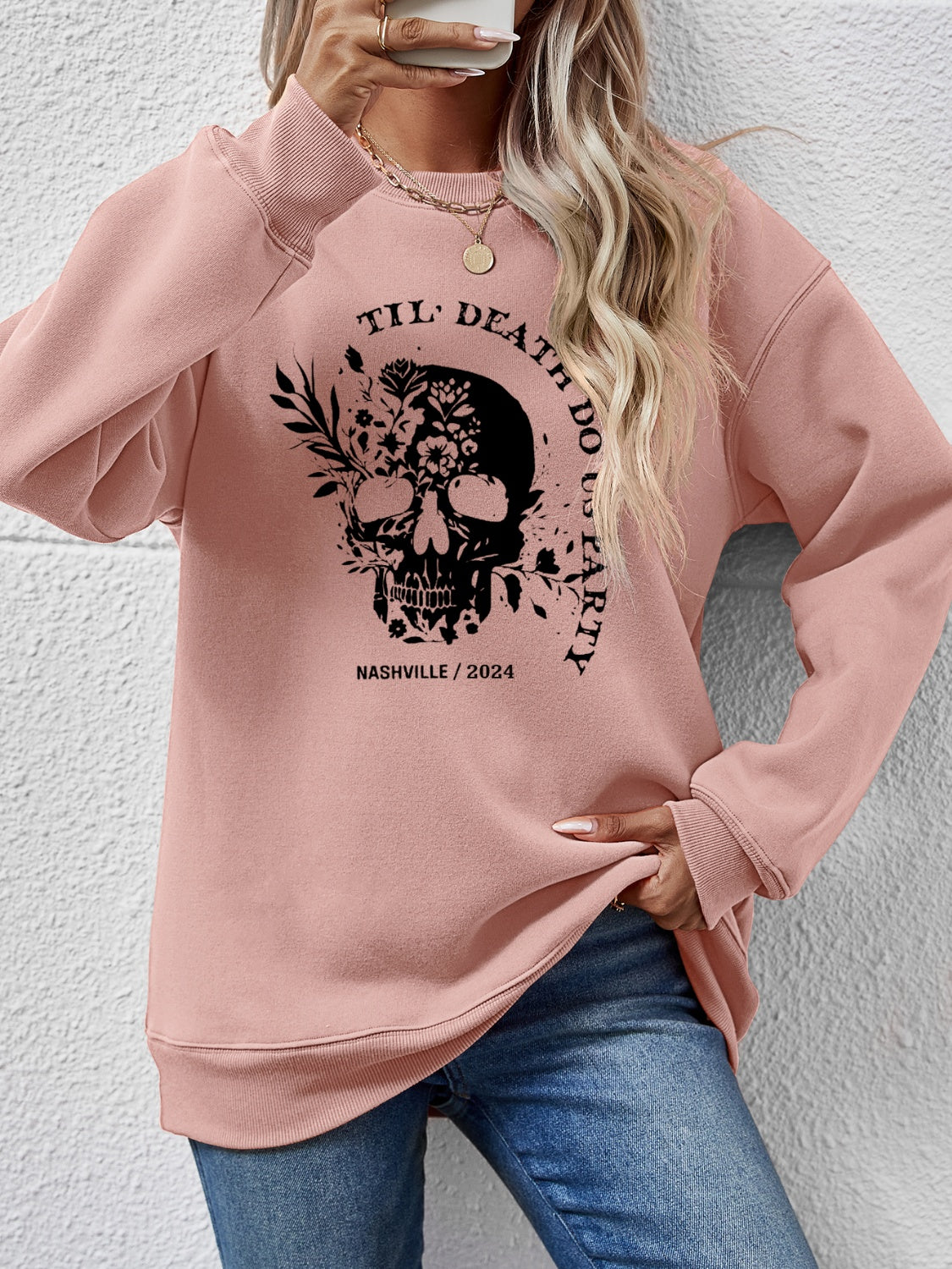 Graphic Round Neck Dropped Shoulder Sweatshirt-Jewearrings