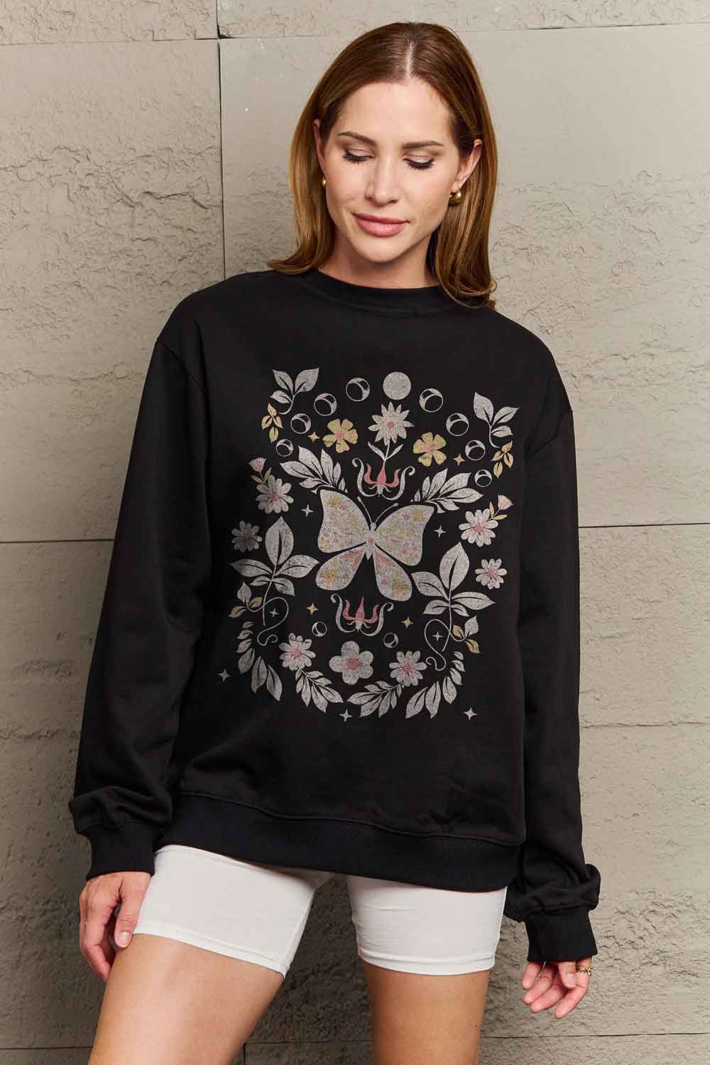 Simply Love Simply Love Full Size Flower and Butterfly Graphic Sweatshirt-Jewearrings