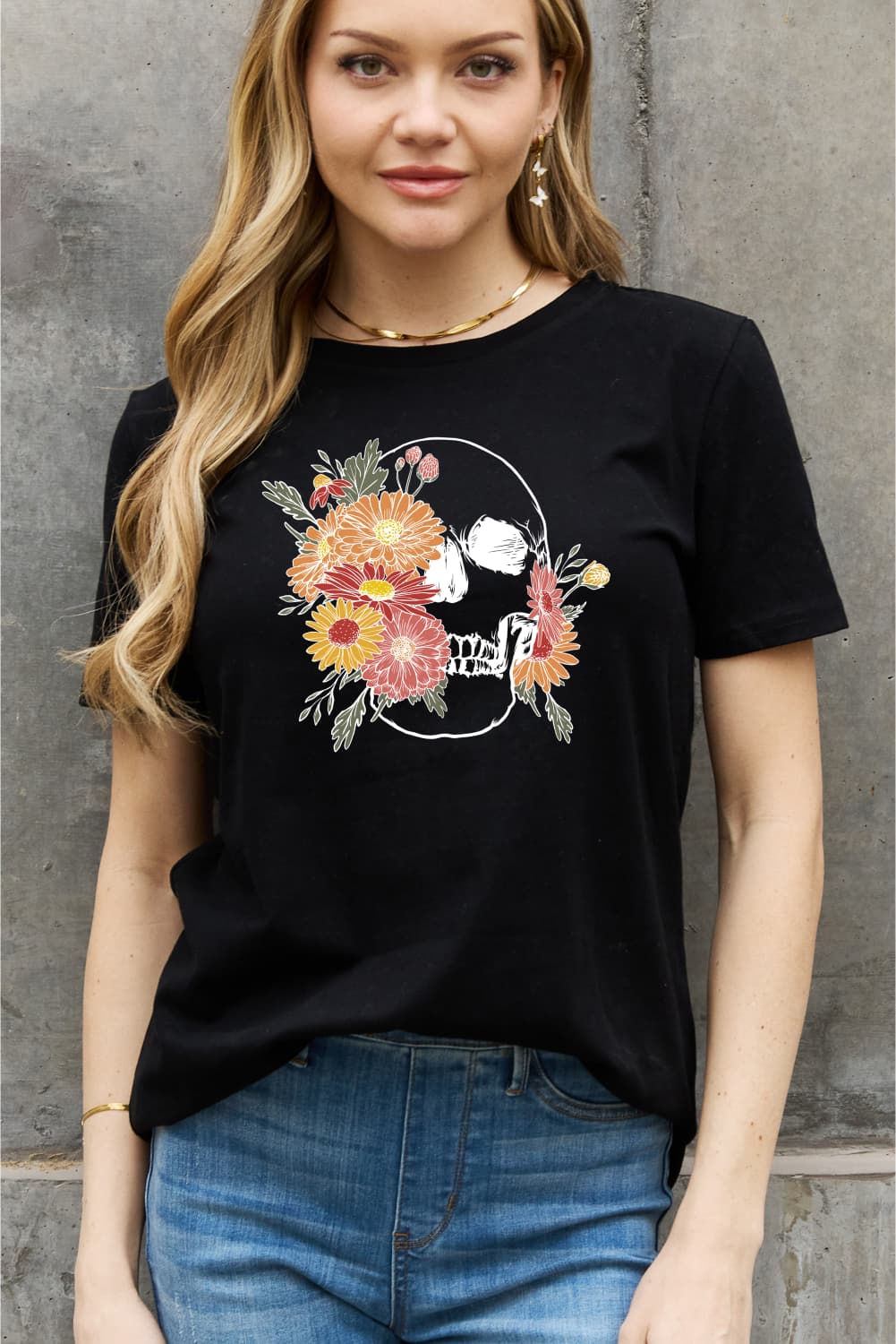 Simply Love Full Size Flower Skull Graphic Cotton Tee-Jewearrings