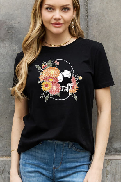 Simply Love Full Size Flower Skull Graphic Cotton Tee-Jewearrings