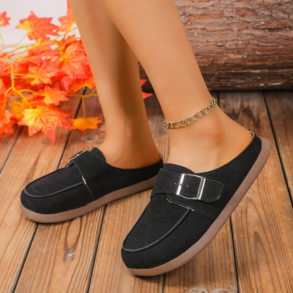 Suede Buckle Round Toe Loafers-Jewearrings