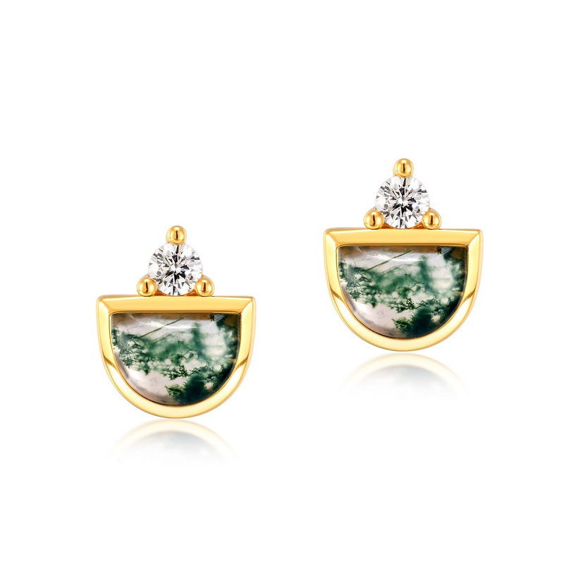 Silver Inlaid Green Moss Stone Stud Earrings-Jewearrings