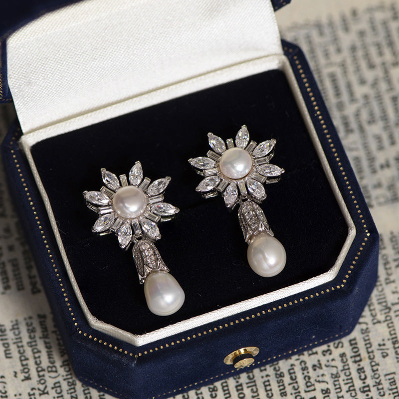 Women's S925 Sterling Silver SUNFLOWER Pearl Stud Earrings-Jewearrings