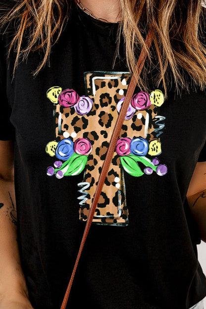 Leopard Cross Graphic Round Neck Short Sleeve T-Shirt-Jewearrings