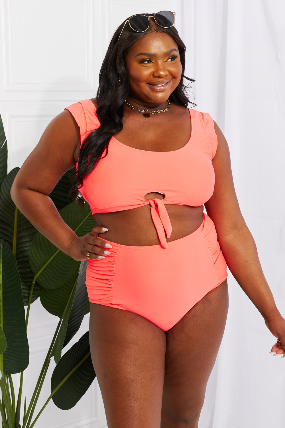 Marina West Swim Sanibel Crop Swim Top and Ruched Bottoms Set in Coral-Jewearrings