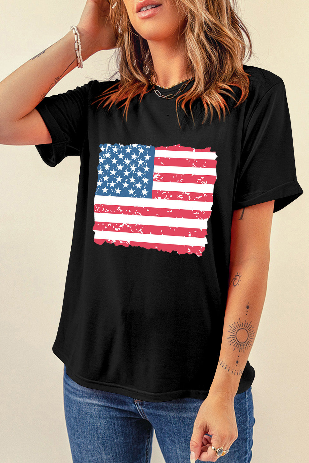 US Flag Round Neck Short Sleeve T-Shirt-Jewearrings