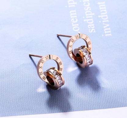 Stainless Steel Rose Gold Double Ring Stud Earrings-Jewearrings