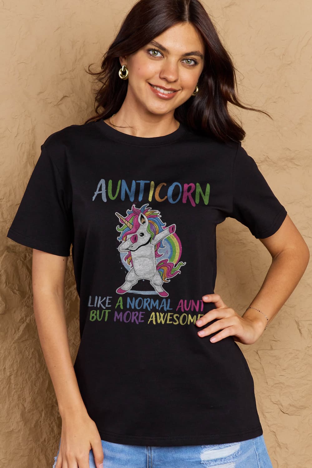 Simply Love Full Size AUNTICORN LIKE A NORMAL AUNT BUT MORE AWESOME Graphic Cotton Tee-Jewearrings