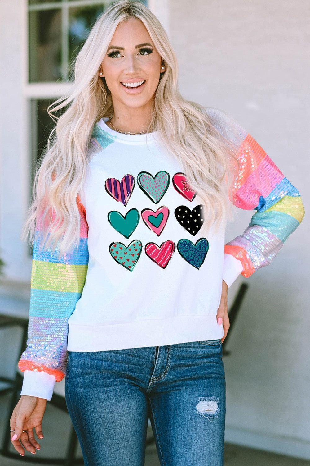 Heart Graphic Sequin Long Sleeve Sweatshirt-Jewearrings