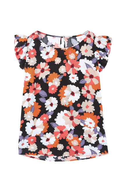 Plus Size Floral Flutter Sleeve Round Neck Top-Jewearrings