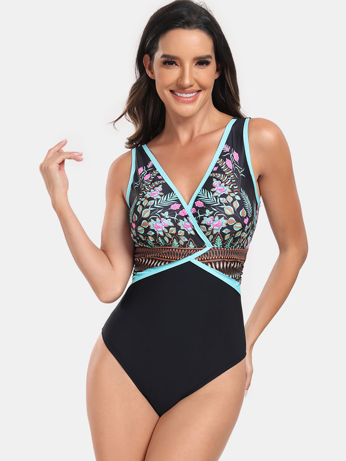 Printed Surplice Wide Strap One-Piece Swimwear-Jewearrings