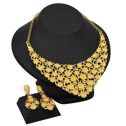 24K Gold Plated Dubai Bridal Necklace Two-piece Earrings Set Pack-Jewearrings