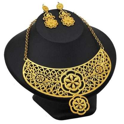 24K Gold Plated Dubai Bridal Necklace Two-piece Earrings Set Pack-Jewearrings