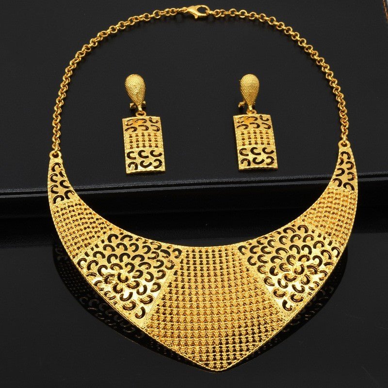 24K Gold Plated Dubai Bridal Necklace Two-piece Earrings Set Pack-Jewearrings