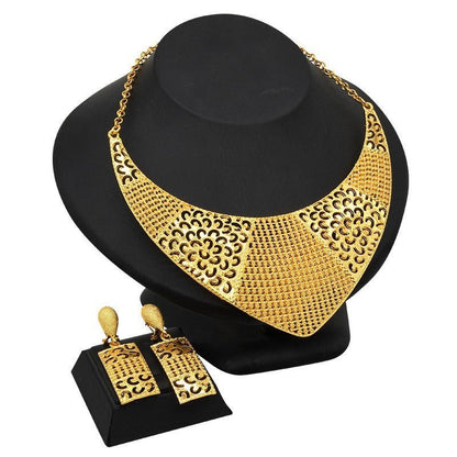 24K Gold Plated Dubai Bridal Necklace Two-piece Earrings Set Pack-Jewearrings