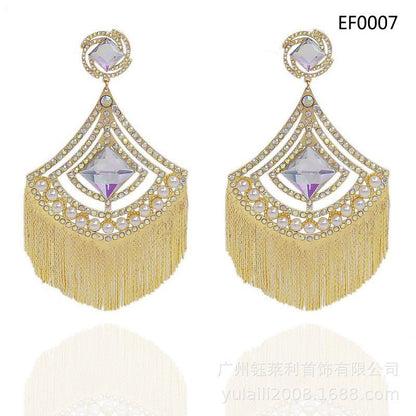 24K Gold-Plated Luxury Diamond Pearl Tassel Long Earrings Fashion Personality Exaggerated Pendant Large Earrings Bridal Earrings-Jewearrings