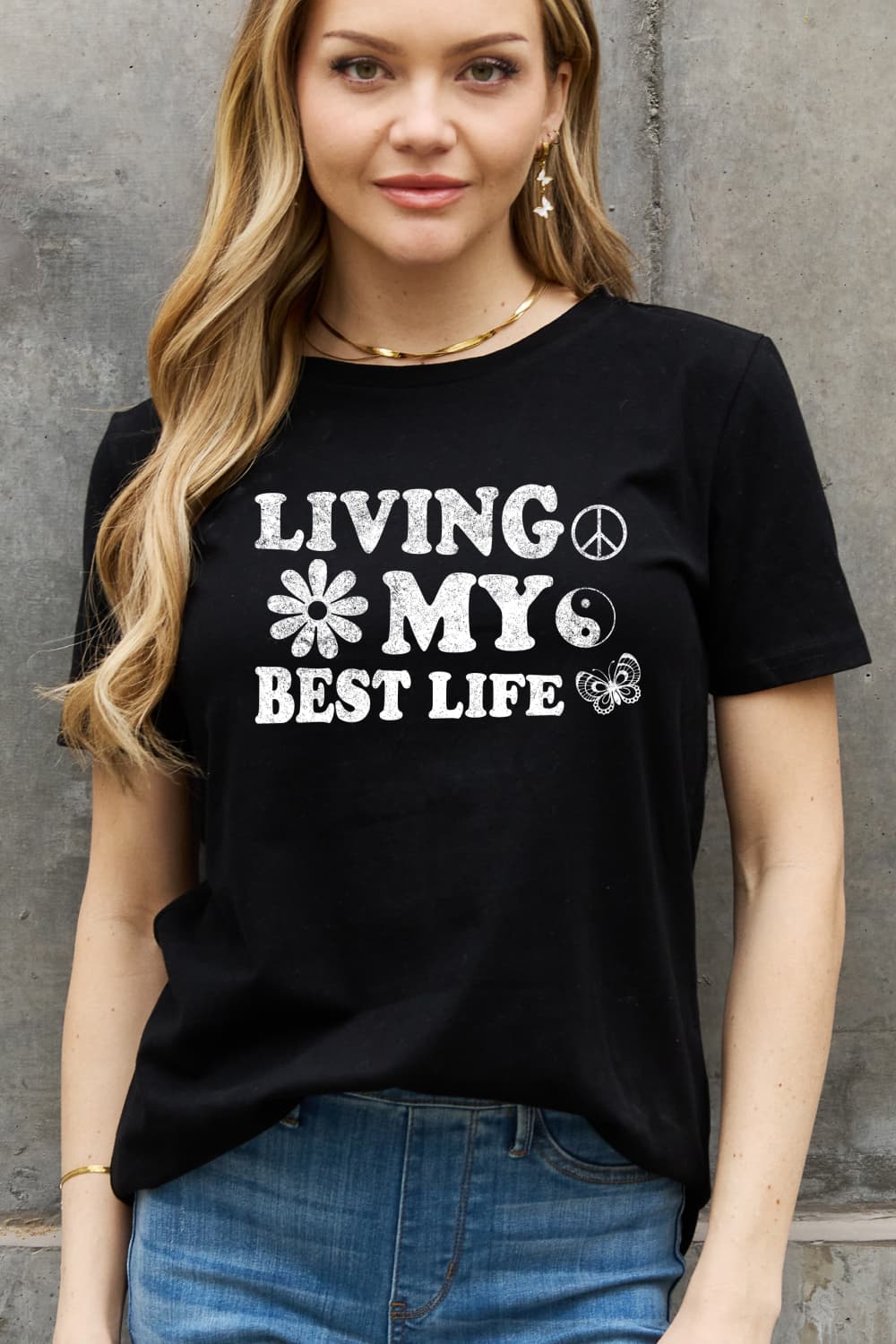 Simply Love Full Size LIVING MY BEST LIFE Graphic Cotton Tee-Jewearrings