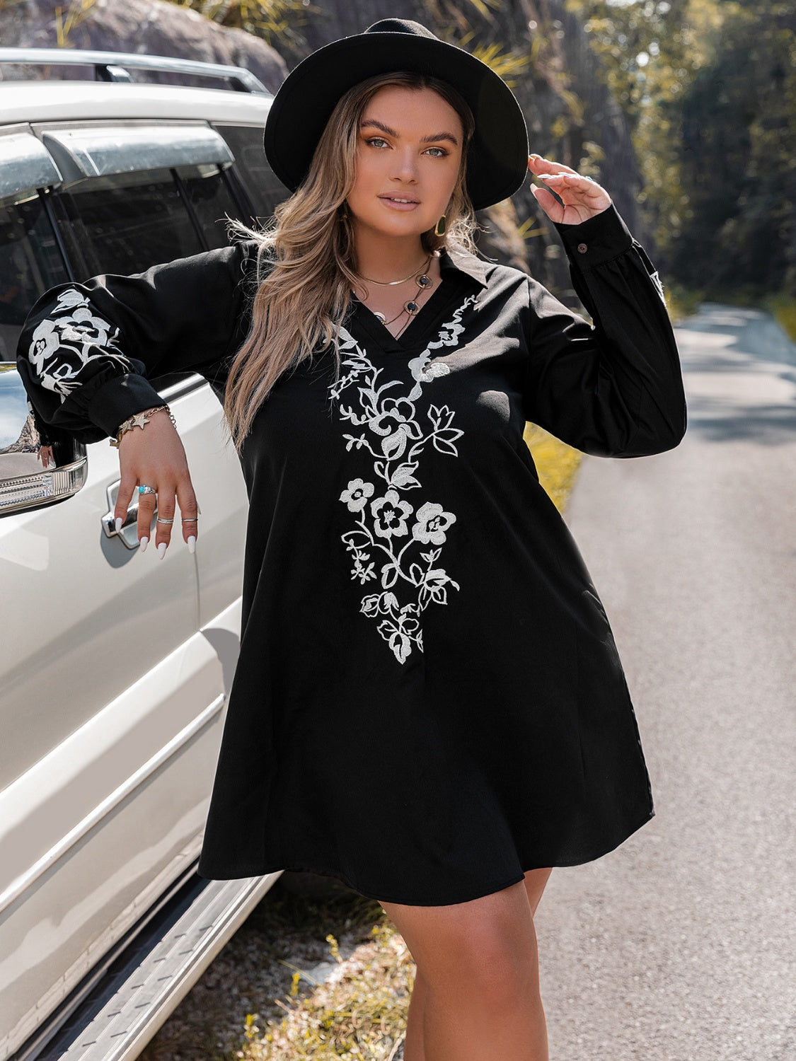 Plus Size Embroidered Long Sleeve Mini Dress-Jewearrings