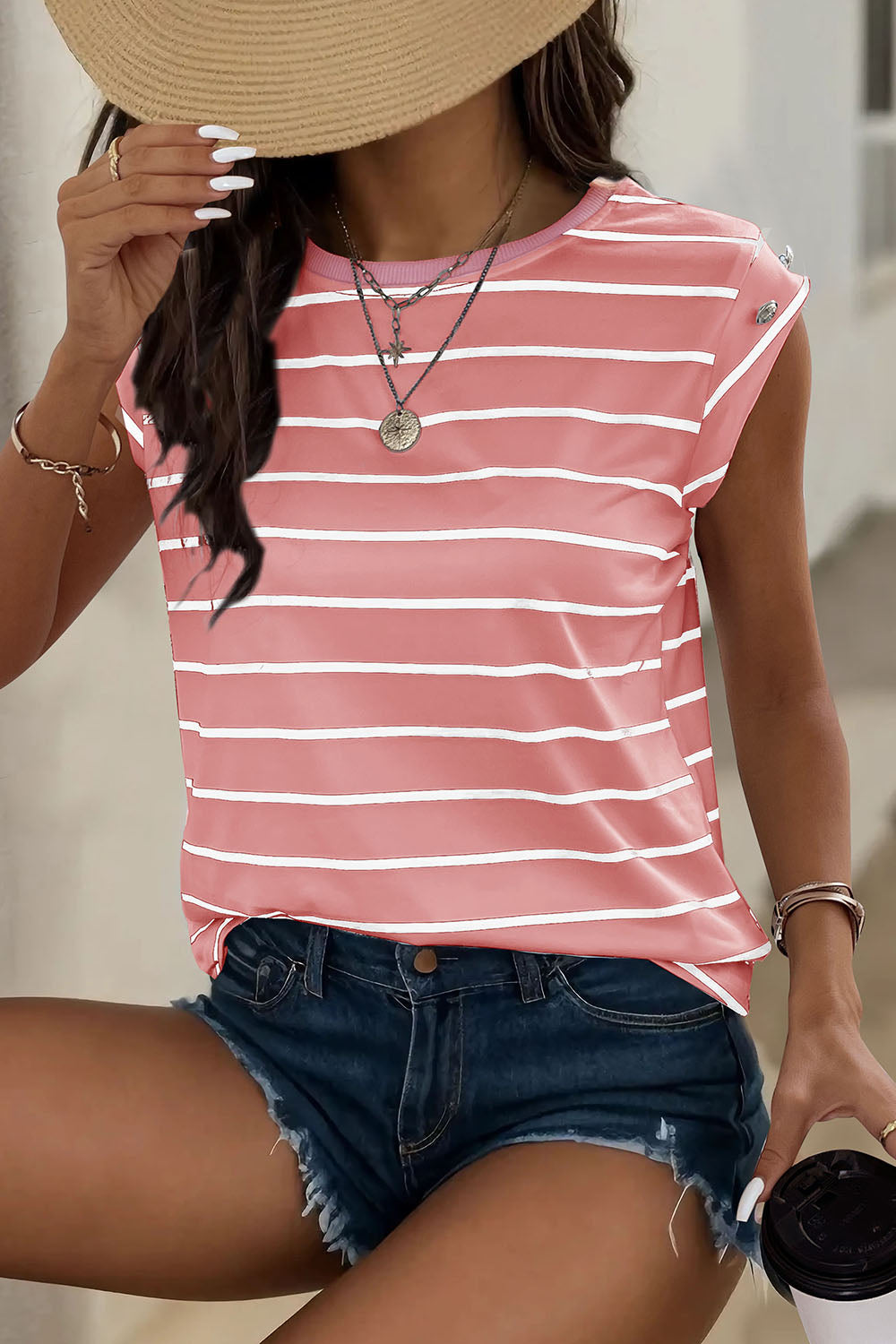 Decorative Button Round Neck T-Shirt-Jewearrings