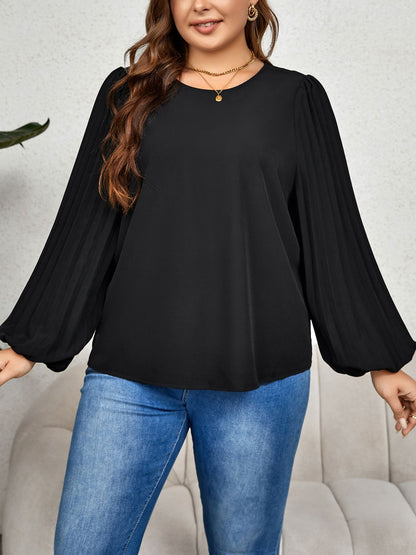 Plus Size Round Neck Puff Sleeve Blouse-Jewearrings