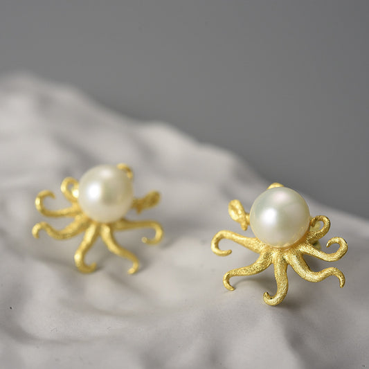 Personality Creative Female S925 Silver Pearl Octopus Stud Earrings-Jewearrings