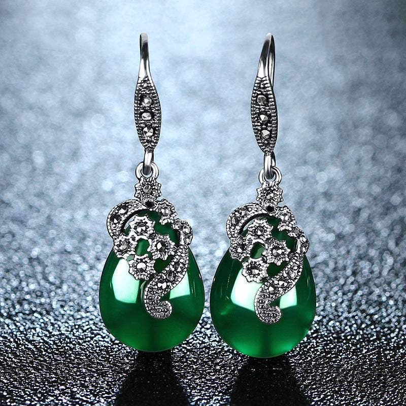 Vintage Thai Silver Earrings Female Green Agate-Jewearrings