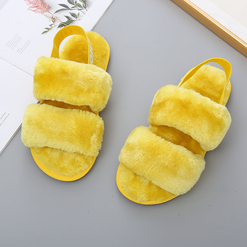 Faux Fur Open Toe Slippers-Jewearrings