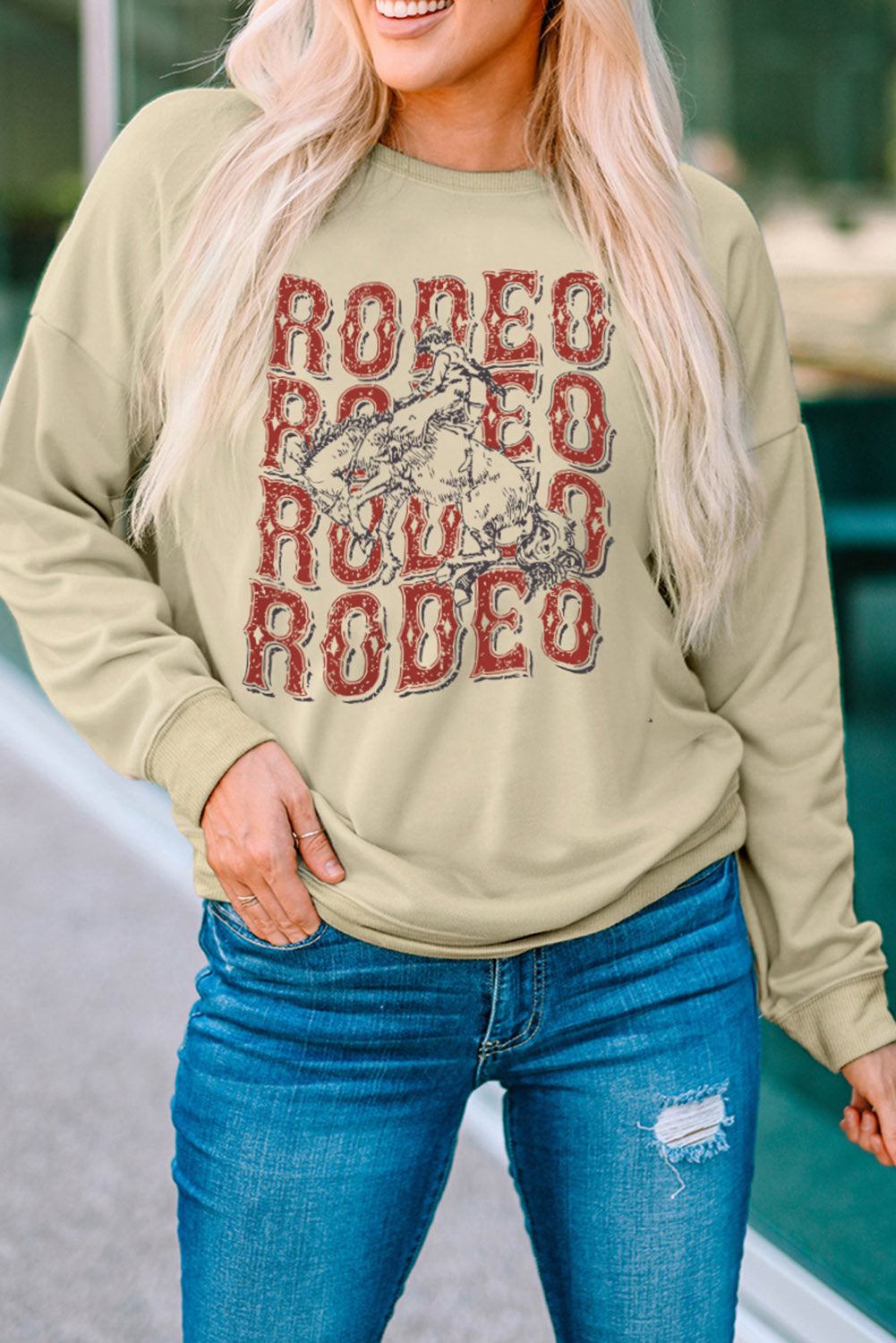 Round Neck Dropped Shoulder RODEO Graphic Sweatshirt-Jewearrings