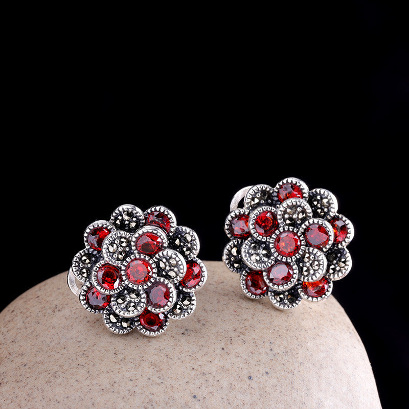 Ladies 925 Silver Jewelry Flower Red Zircon Earrings-Jewearrings