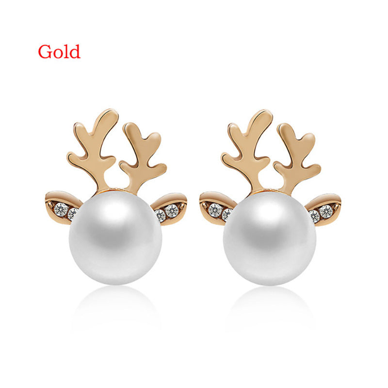 Stud Earrings Christmas Pearl Antlers Earrings-Jewearrings