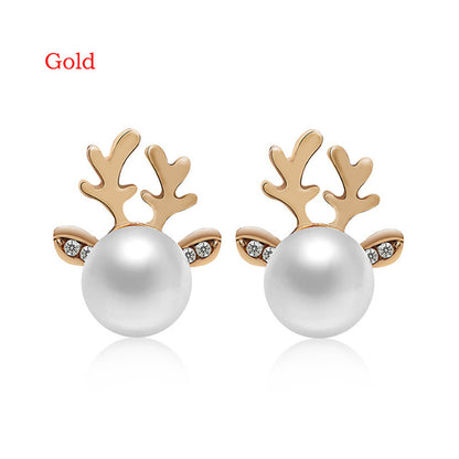 Stud Earrings Christmas Pearl Antlers Earrings-Jewearrings