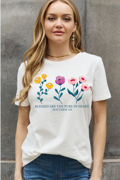 Simply Love Full Size BLESSED ARE THE PURE IN HEART Matthew 5:8 Graphic Cotton Tee-Jewearrings