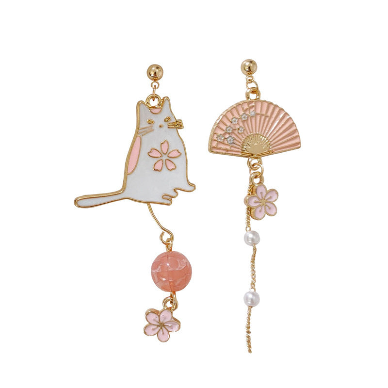 S925 Silver Needle Cat Fan Ukiyo-e Earrings Super Fairy Stud Earrings Female-Jewearrings