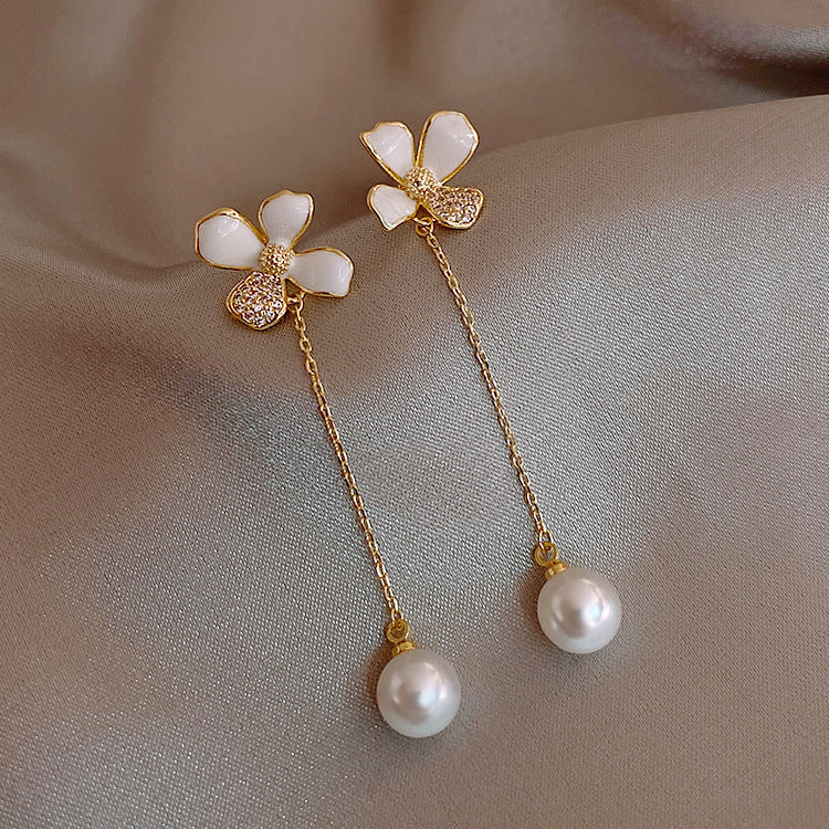 White Petal Tassel Pearl Earrings Temperament Female-Jewearrings