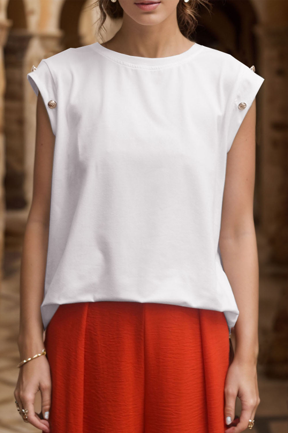 Decorative Button Round Neck T-Shirt-Jewearrings