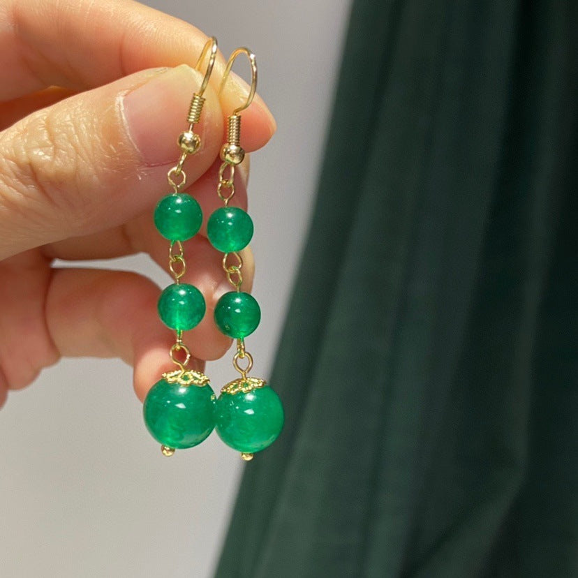 New Exquisite Simple Emerald Beads Long Tassel Earrings-Jewearrings