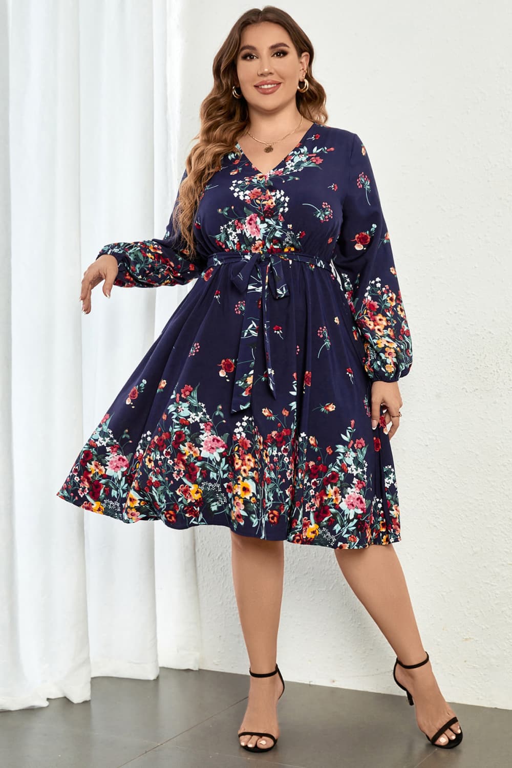 Melo Apparel Plus Size Floral Tie Waist Long Sleeve Dress-Jewearrings