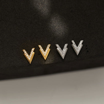 Zircon Inlaid Silver Double V Earrings Letters-Jewearrings