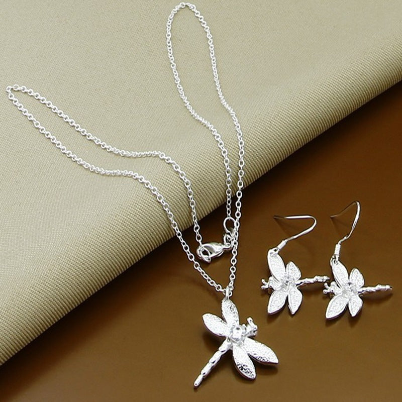 Silver Plated Five Leaf Flower Necklace Earrings Set-Jewearrings