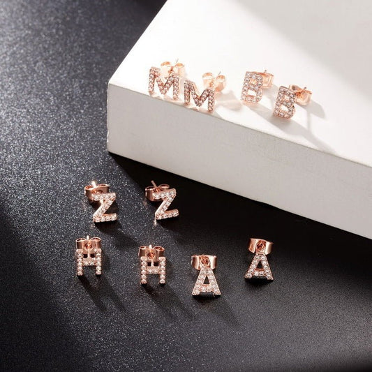 26 Letter Copper Inlaid Zircon Rose Gold Temperament Small Letter Earrings-Jewearrings